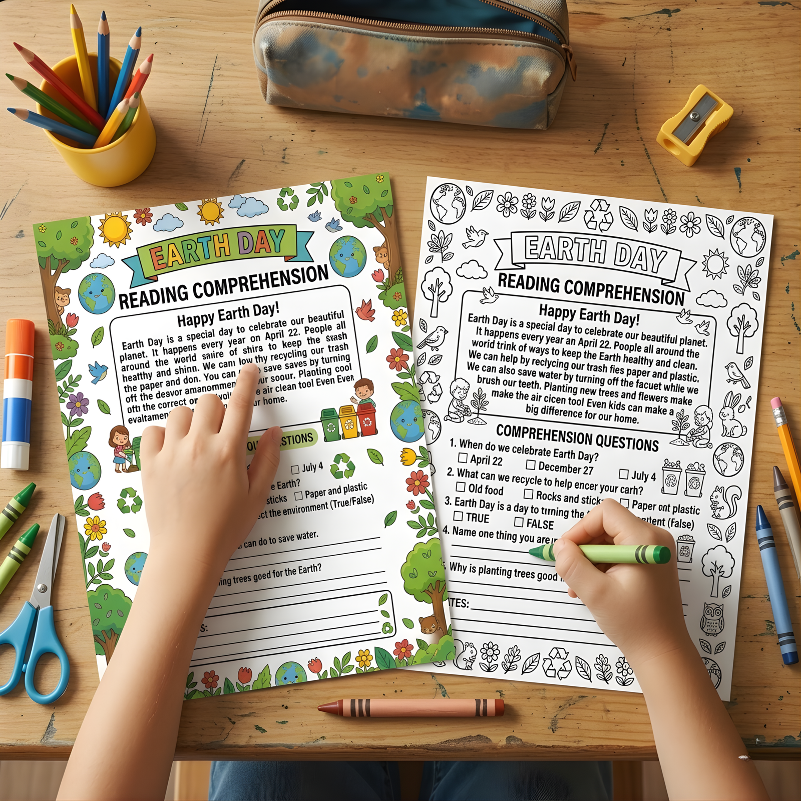 earth-day-product-cover-mockup Earth Day reading comprehension worksheet and coloring craft mockup with school supplies