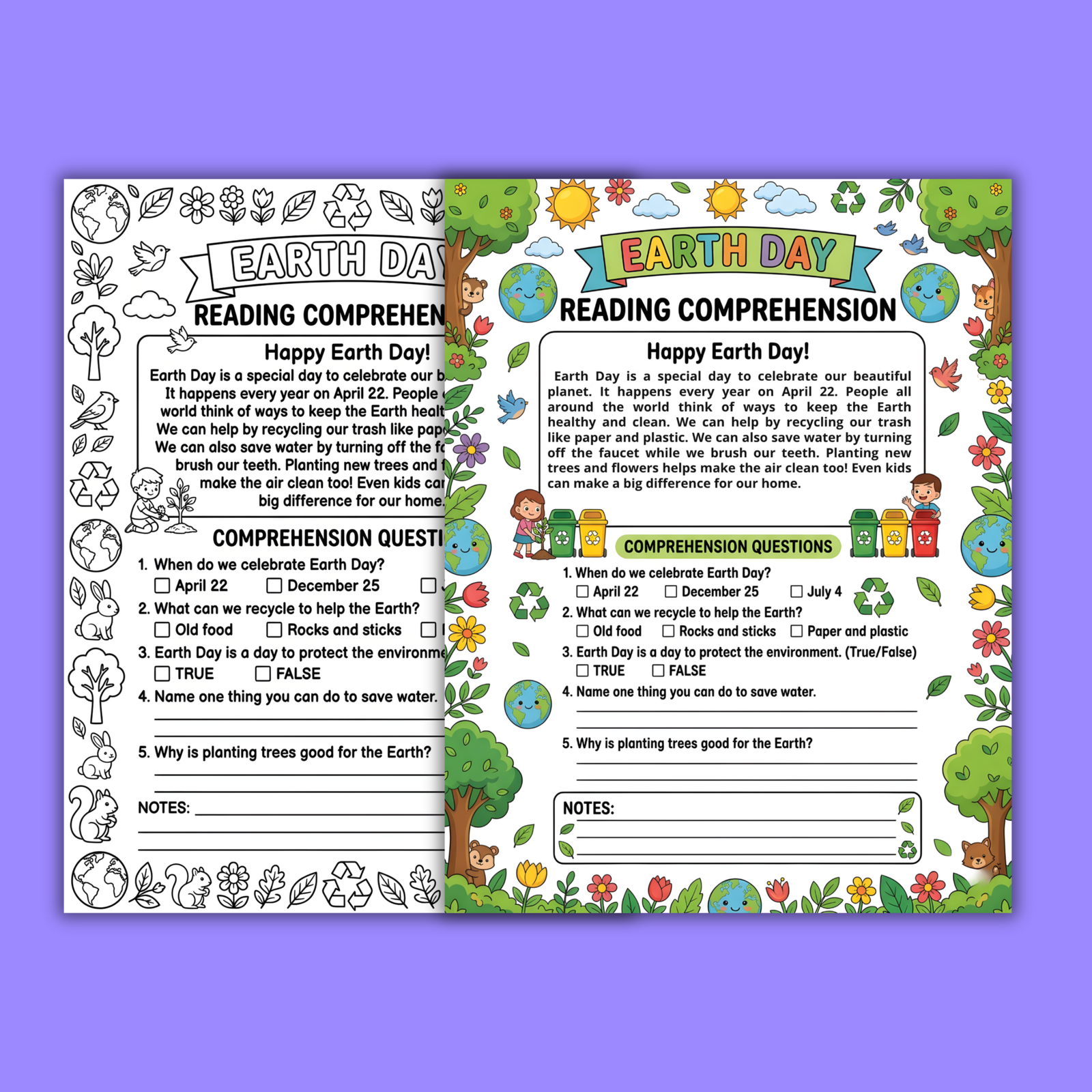 earth-day-product-cover-mockup Earth Day reading comprehension worksheet and coloring craft mockup with school supplies