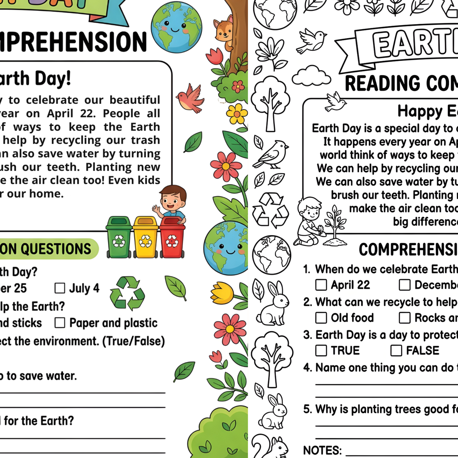 earth-day-product-cover-mockup Earth Day reading comprehension worksheet and coloring craft mockup with school supplies