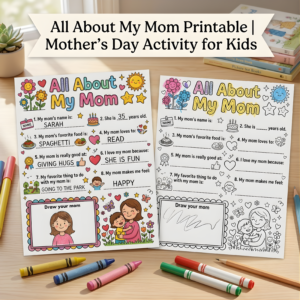 Mother's Day All About My Mom printable worksheet for kids with coloring page version.