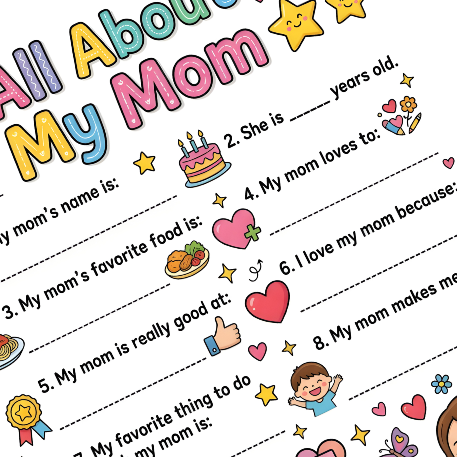 all-about-my-mom-printable-cover. Mother's Day All About My Mom printable worksheet for kids with coloring page version.