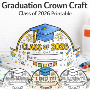 Child wearing a printable graduation crown craft for preschool end of year activity.
