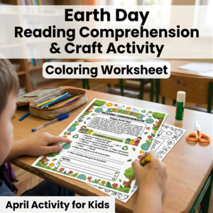 Earth Day reading comprehension worksheet and coloring craft mockup with school supplies