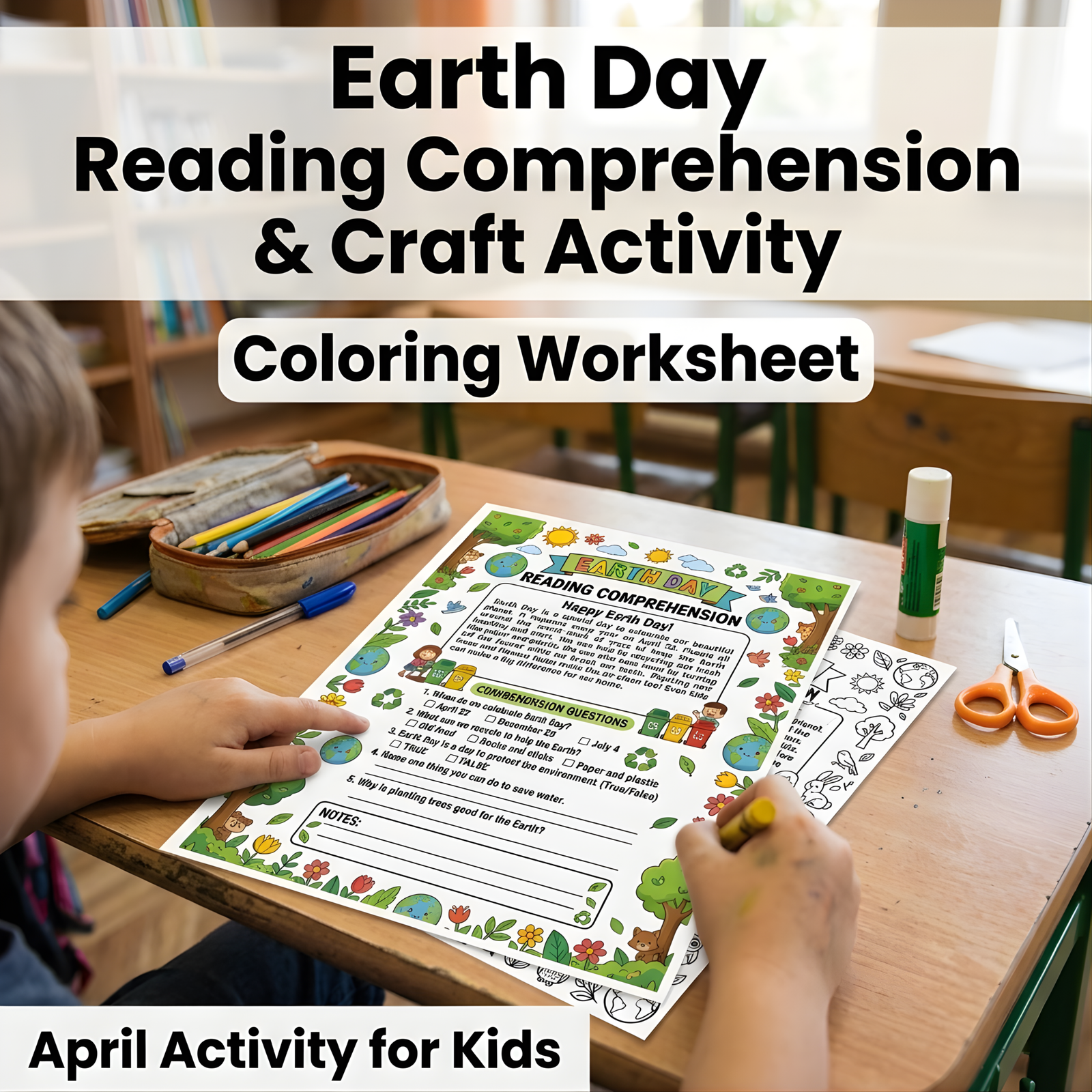 earth-day-product-cover-mockup Earth Day reading comprehension worksheet and coloring craft mockup with school supplies
