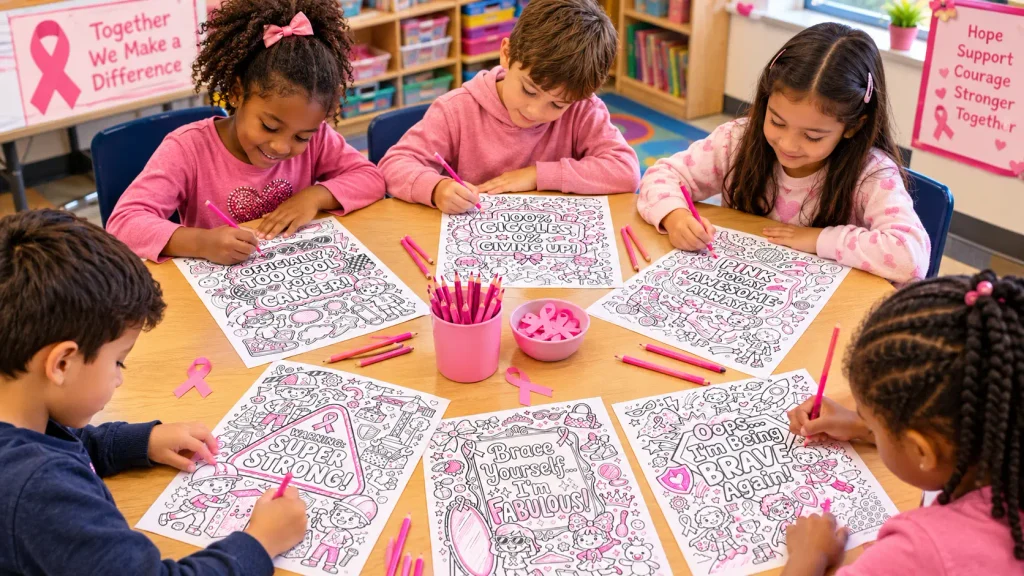 Finished pink ribbon breast cancer awareness crafts coloring pages displayed on a classroom bulletin board.