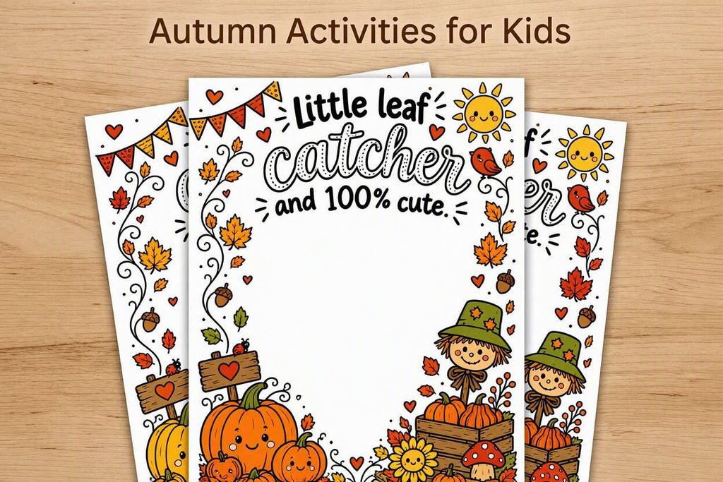 Fall coloring page and handprint craft worksheet for kids featuring a scarecrow, pumpkins, and autumn leaves