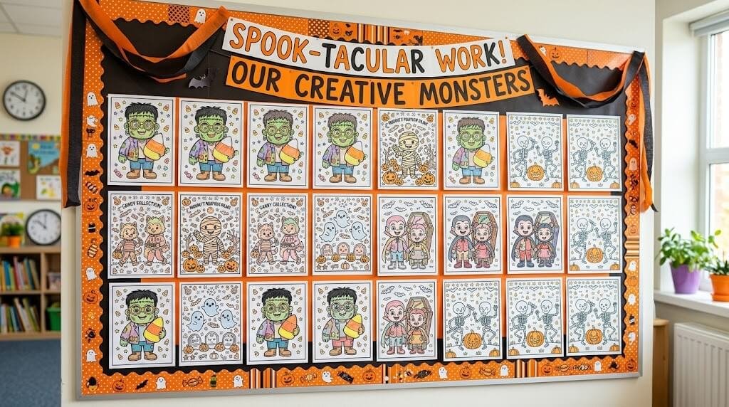 Child hand tracing pumpkin lines on free halloween coloring pages.