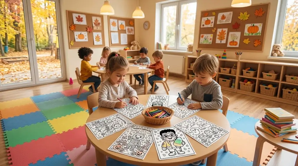Preschoolers coloring free halloween coloring pages fine motor activity sheets at a classroom desk.