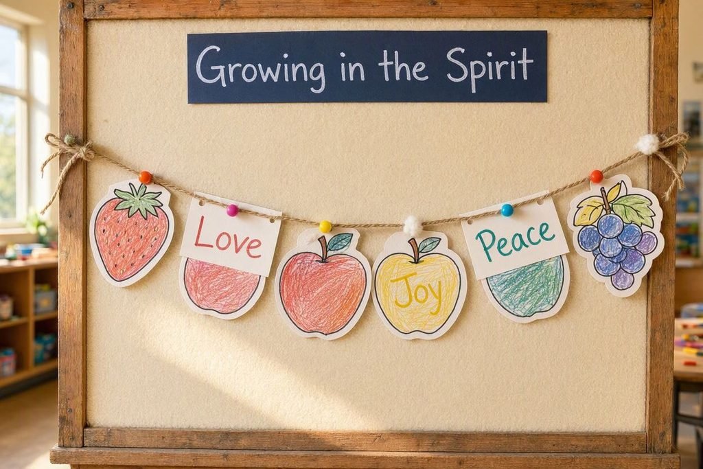 Inspiring Sunday school classroom bulletin board display featuring a printable Fruit of the Spirit banner garland made from child-colored Bible activity sheets.