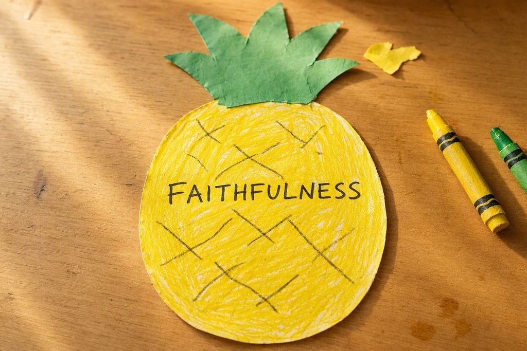 Fun Fruit of the Spirit Faithfulness pineapple coloring sheet and Bible lesson printable for toddlers and early elementary kids.