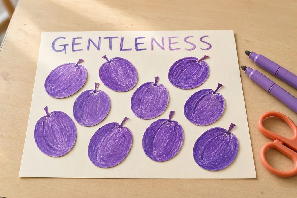 Printable Fruit of the Spirit Gentleness plum coloring sheet and quiet-time craft for Christian homeschoolers and Sunday school.