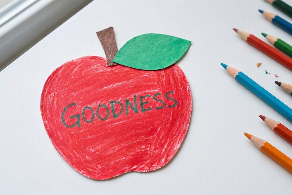 Printable Fruit of the Spirit Goodness apple coloring page and character lesson craft for kindergarten and preschool students.