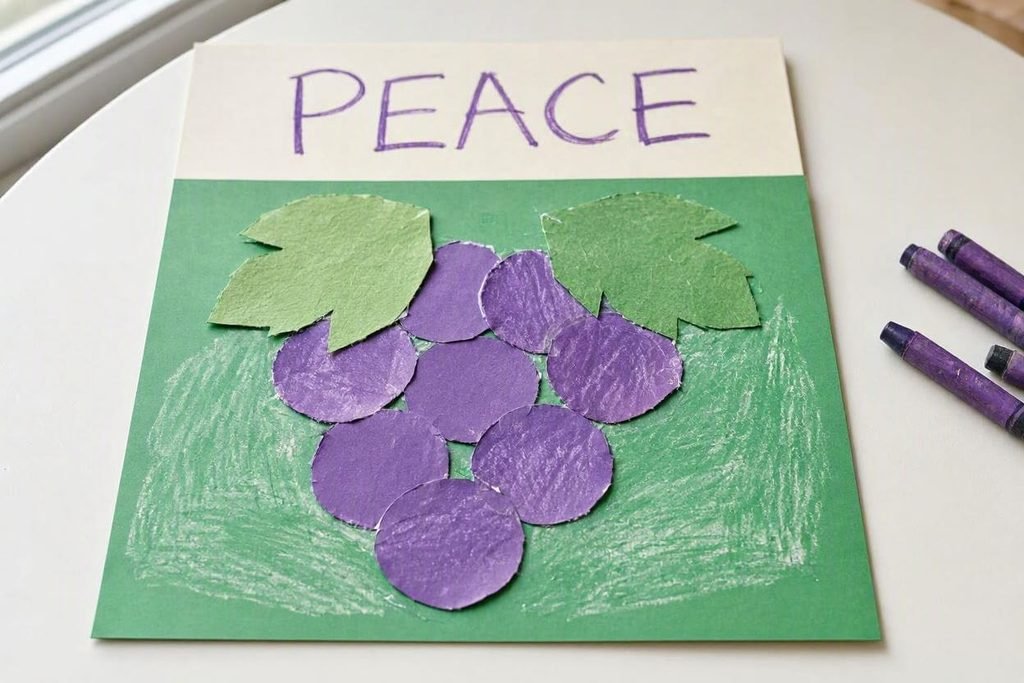 Printable Fruit of the Spirit Peace coloring sheet featuring a grape cluster craft for preschool and Sunday school Bible lessons.