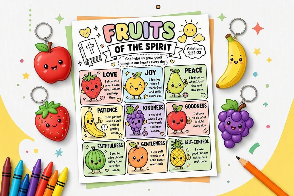 Engage kids with this interactive Fruit of the Spirit printable craft! Perfect for Sunday school, homeschool, or daycare. Includes the rotating craft wheel and coloring activities for all nine virtues: Love, Joy, Peace, Patience, Kindness, Goodness, Faithfulness, Gentleness, and Self-Control. Instant download Galatians 5:22-23 activity.