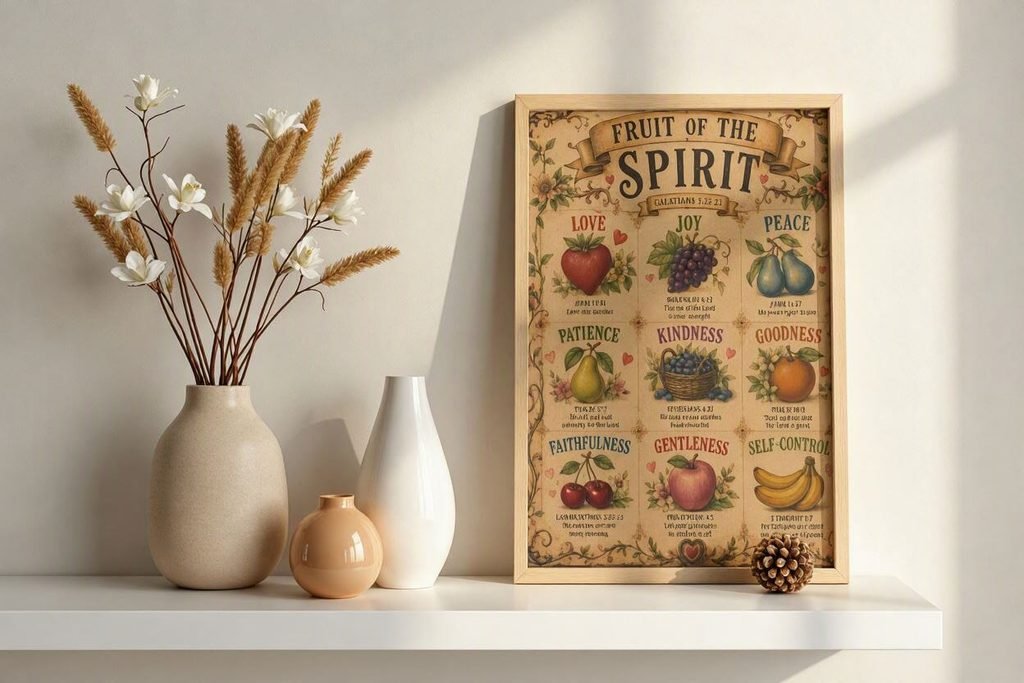Brighten up your nursery, kid's playroom, or Sunday school classroom with this colorful Fruit of the Spirit printable wall art! Features modern child-friendly illustrations for all 9 virtues of Galatians 5:22-23. High-resolution digital download, perfect for framing. Educational and inspirational Christian decor.