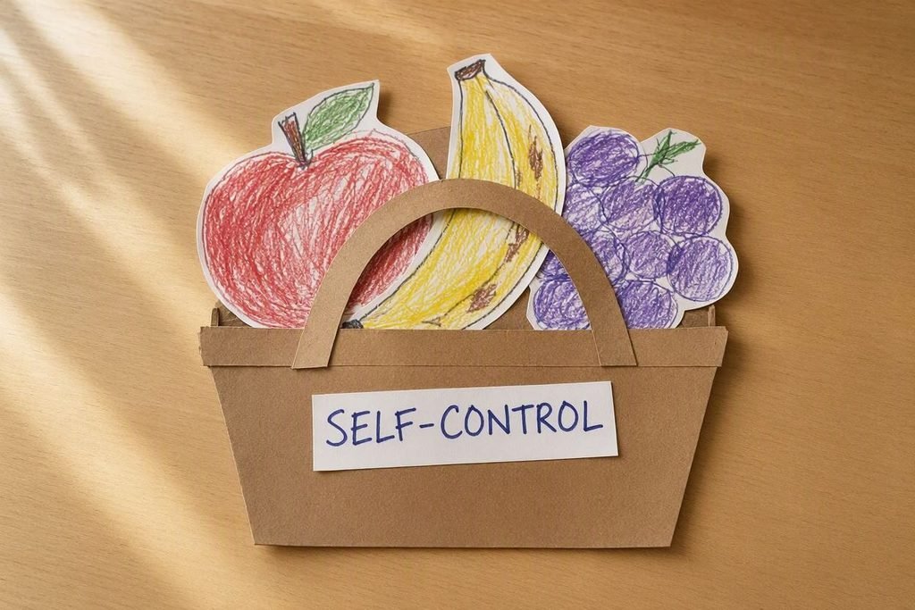Comprehensive Fruit of the Spirit Self-Control coloring page and fruit basket craft activity summarizing all nine Galatians virtues for kids.