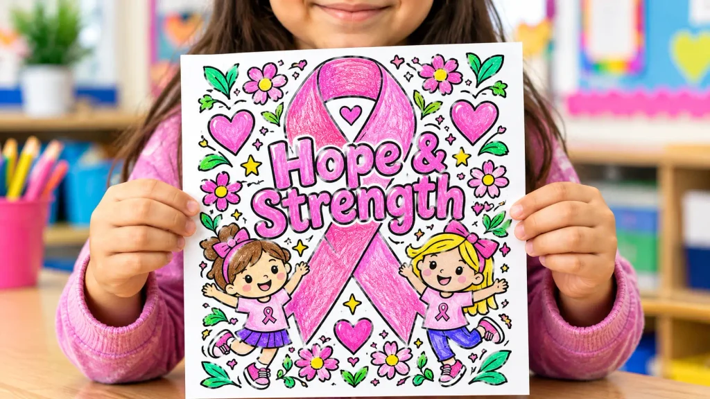 Child holding a completed breast cancer awareness crafts coloring sheet featuring pink ribbon art.