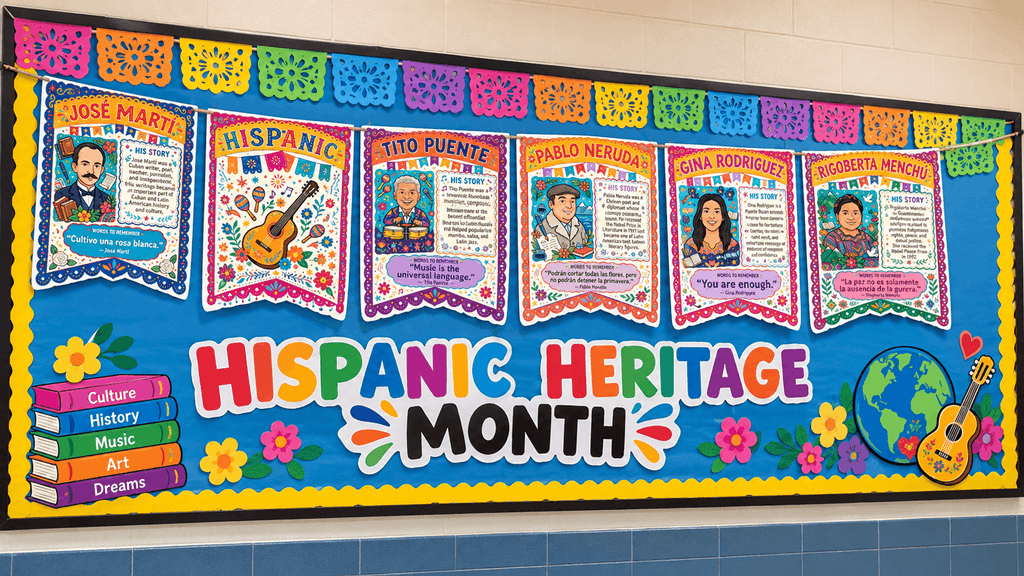 Hispanic Heritage Month pennant banner displayed on a classroom bulletin board