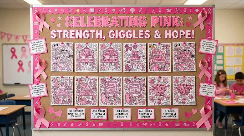 Elementary school students coloring pink ribbon breast cancer awareness crafts pages with crayons.
