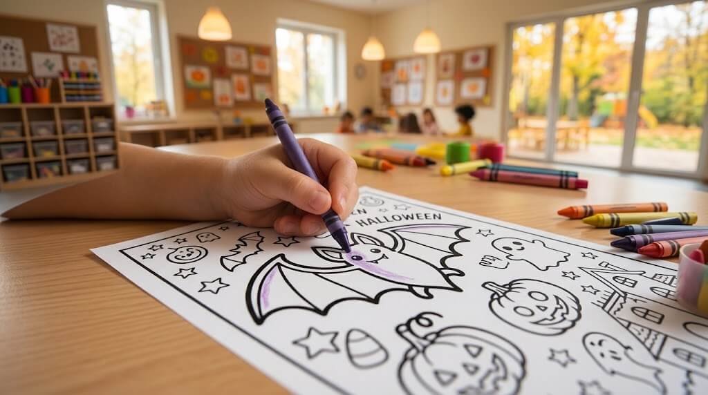 Elementary students working on free halloween coloring pages during morning centers.