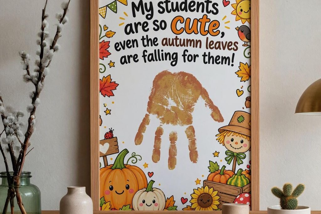 Fall handprint wall art printable with text unbeleafably cute featuring a brown handprint, cute pumpkins, and a black cat