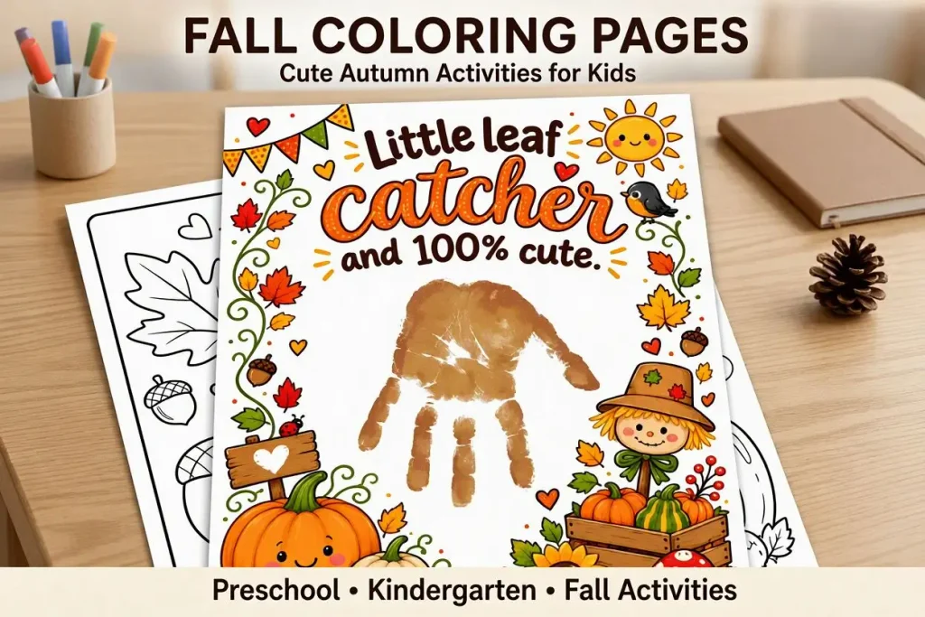 Fall coloring page and handprint craft worksheet for kids featuring a scarecrow, pumpkins, and autumn leaves