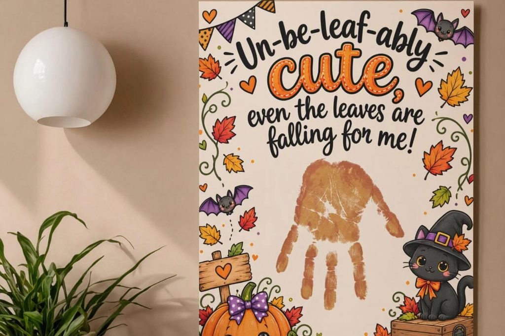 Fall handprint wall art printable with text unbeleafably cute featuring a brown handprint, cute pumpkins, and a black cat