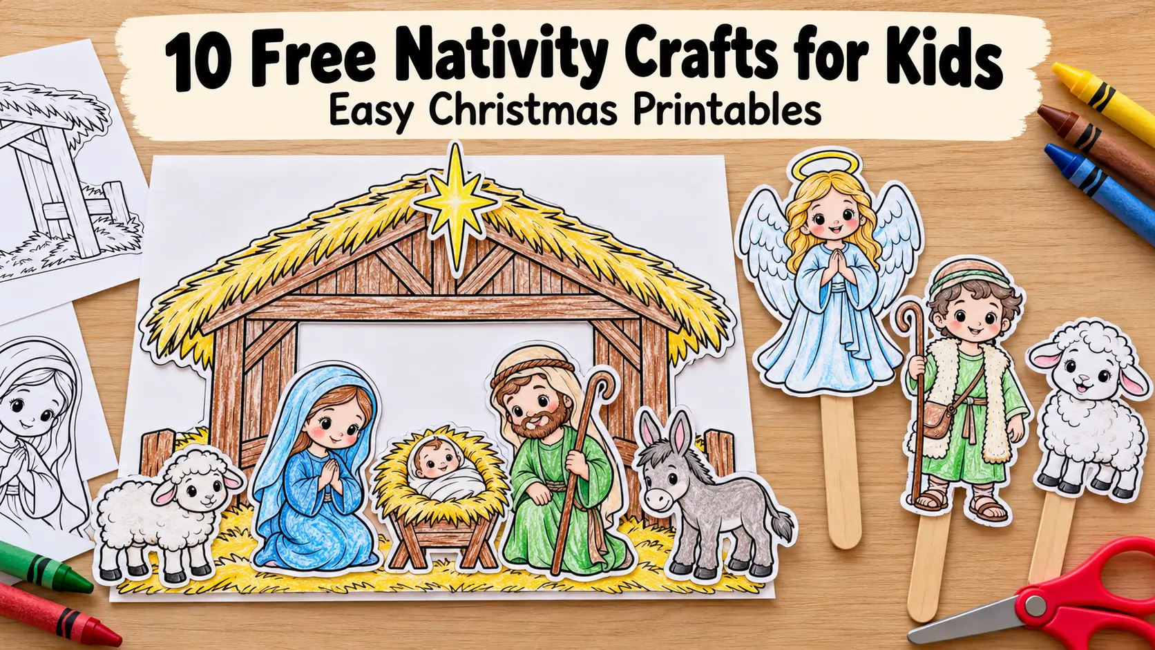 Nativity crafts for kids featuring a colored paper stable with Mary, Joseph, baby Jesus, a sheep, and a donkey beside three stick puppets.