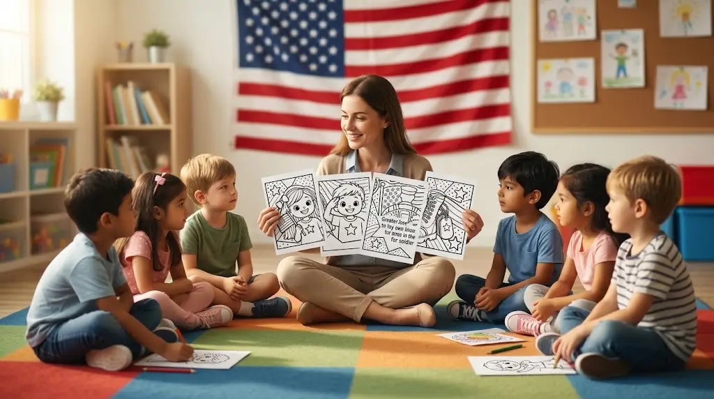 Elementary school teacher explaining military history using a patriotic Veterans Day Collaborative Poster activity