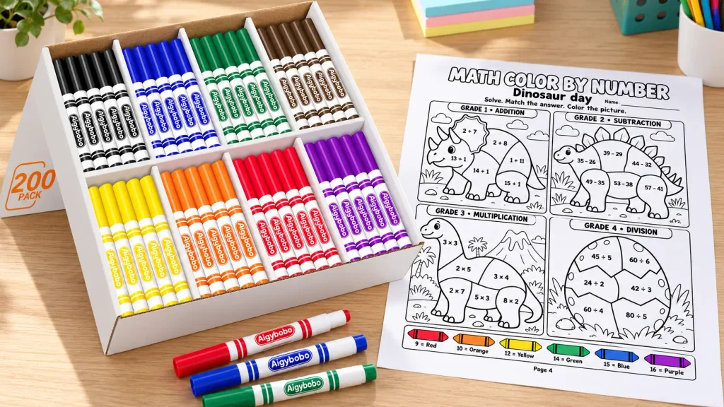 Aigybobo bulk markers in eight colors beside dinosaur math color by number worksheets on a wooden classroom desk.