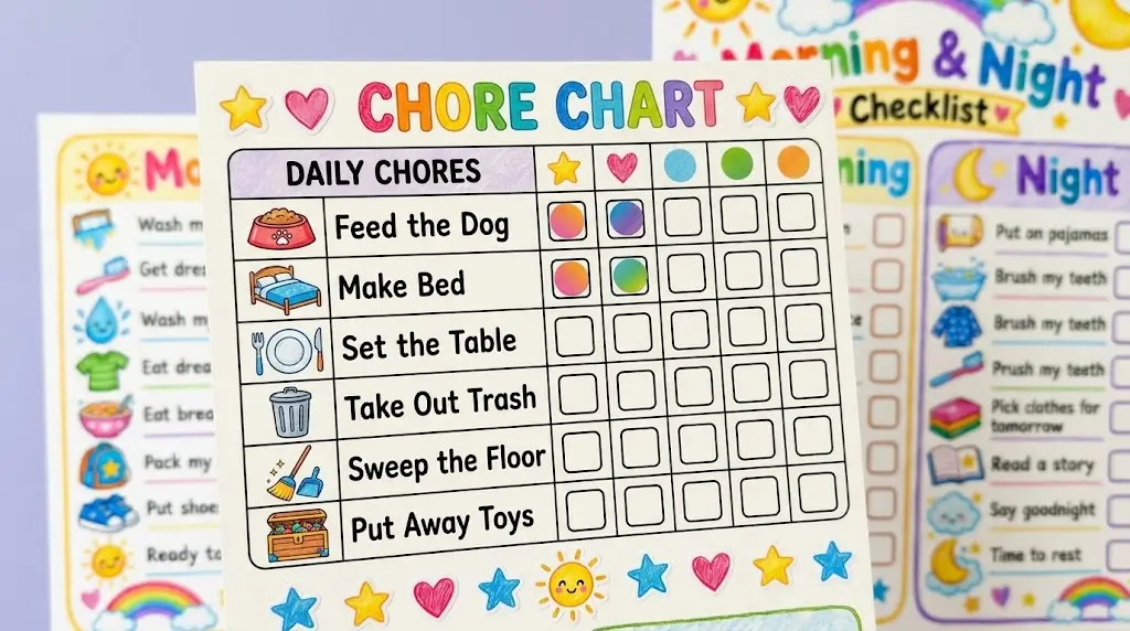 An age-appropriate task list on a Printable Chore Chart for Kids from image_1.png, showing completed household chores.