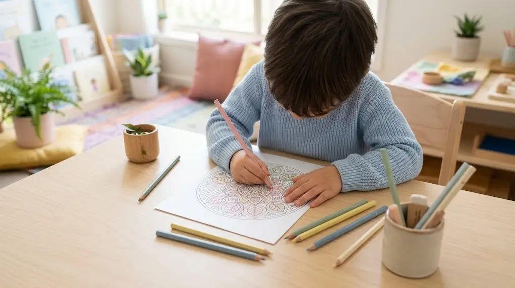 Young student quietly coloring a mindfulness printable activity page at a quiet classroom learning station