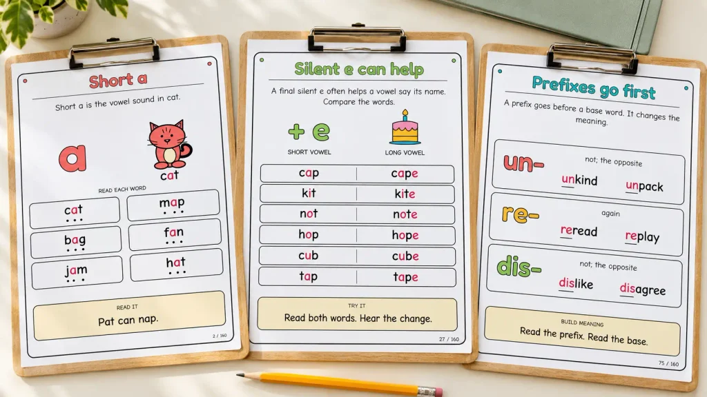 Three phonics posters on clipboards showing short a words, silent e word pairs, and prefixes.