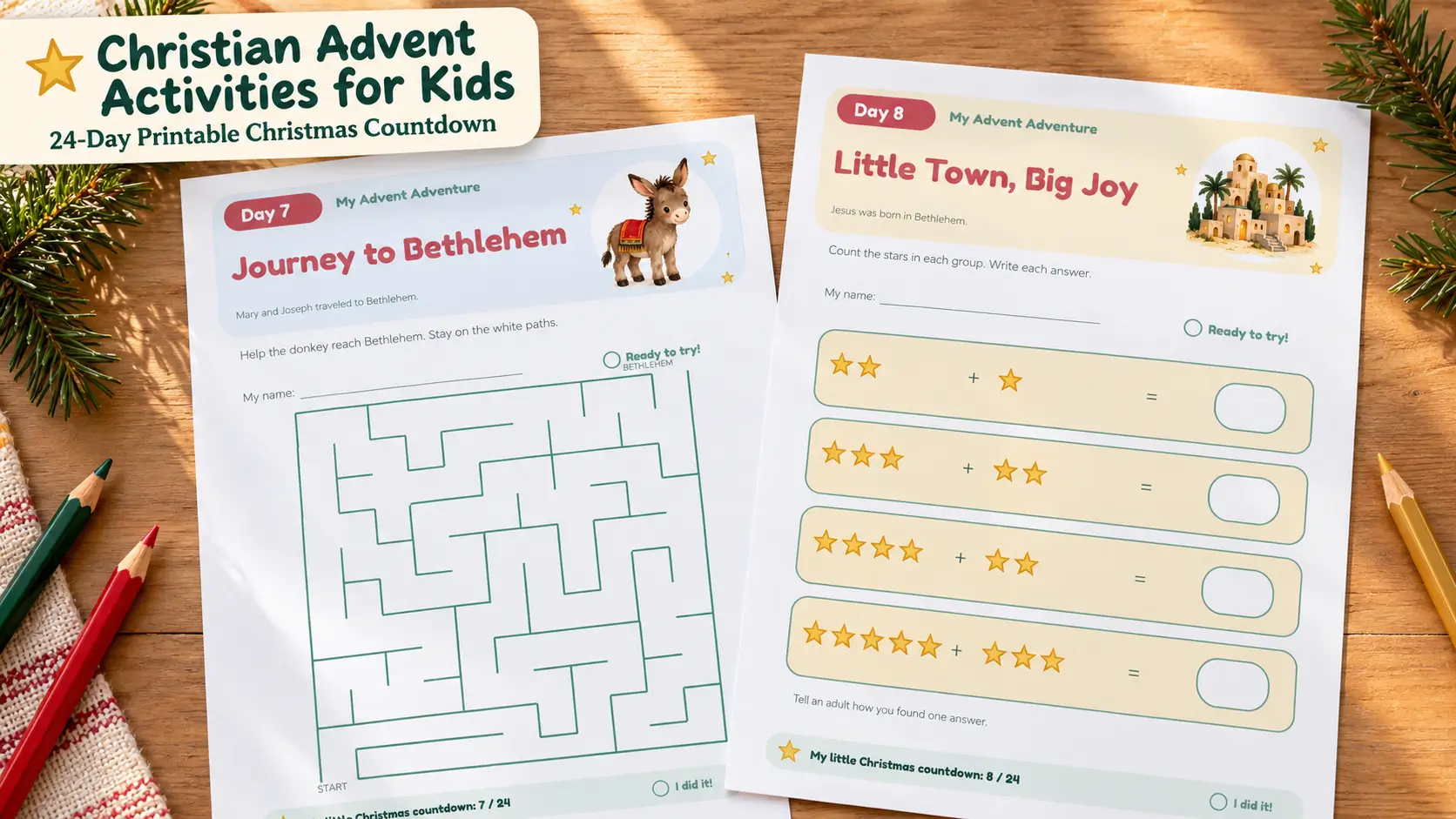Christian Advent activities for kids showing a Bethlehem maze and star counting worksheets on a wooden table.