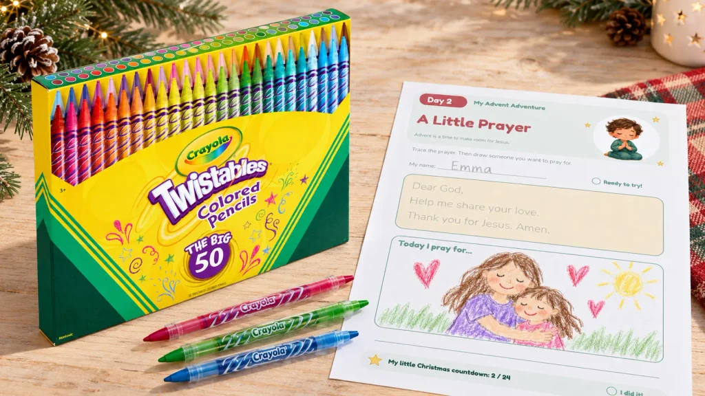 Crayola Twistables 50-count colored pencils beside a prayer worksheet for Christian Advent activities for kids.