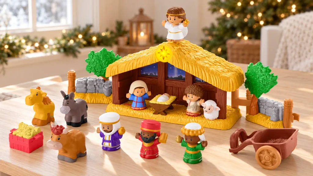 Fisher-Price Little People Nativity set arranged on a wooden table for Christian Advent activities for kids.