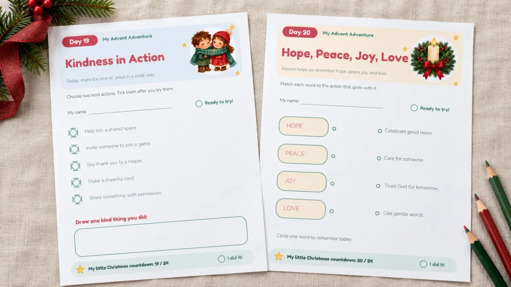Christian Advent activities for kids showing Kindness in Action and Hope, Peace, Joy, Love printable worksheets.