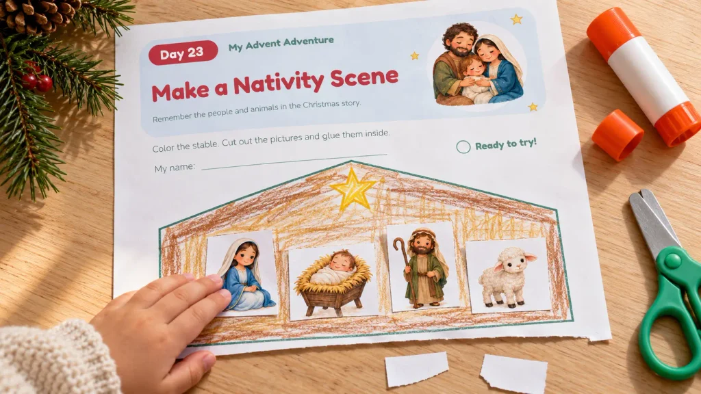 Christian Advent activities for kids with a colored paper stable and Nativity cutouts of Mary, Joseph, baby Jesus, and a sheep.