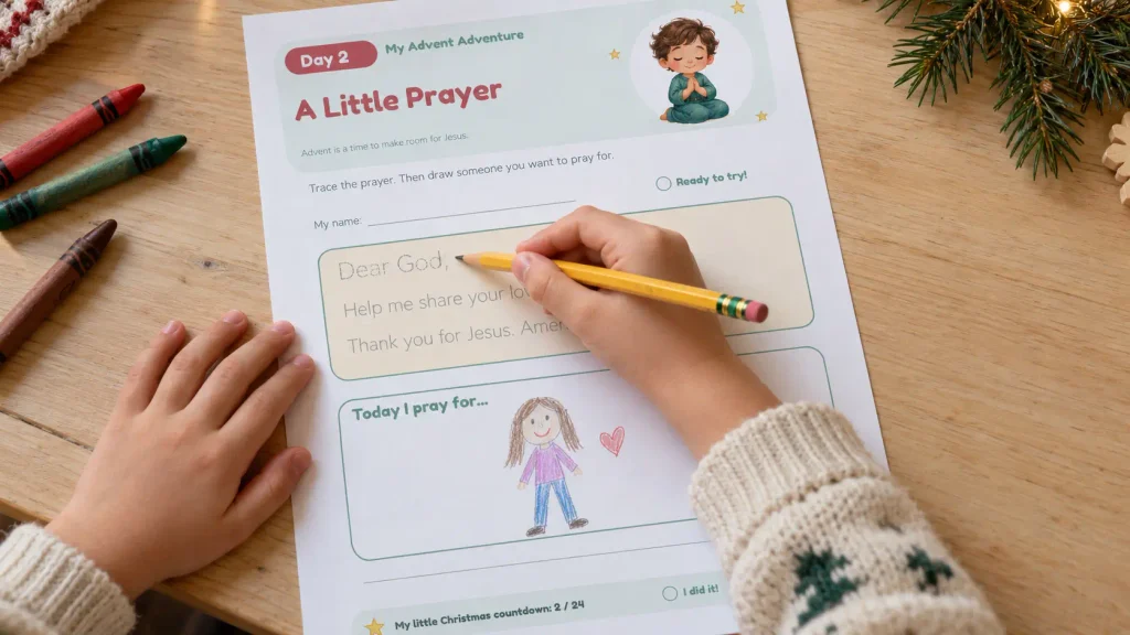 Child tracing a prayer on a printable worksheet from Christian Advent activities for kids.