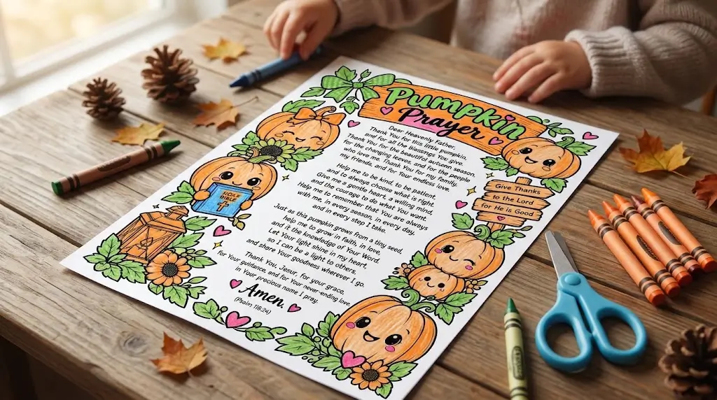 A meaningful autumn faith activity for preschoolers, blending seasonal pumpkin themes with a gentle prayer and fine motor coloring Preschool Life Cyclepractice.