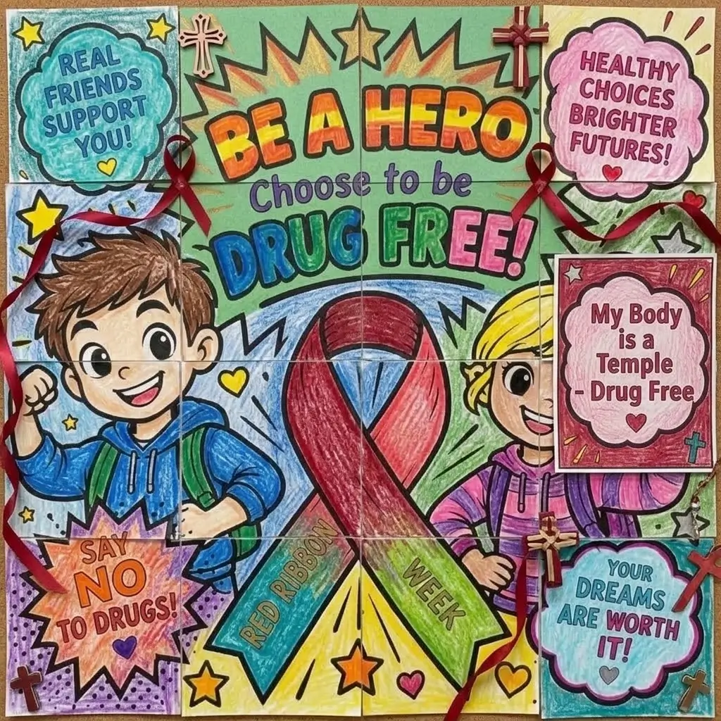 Christian school bulletin board for Red Ribbon Week decorated with red ribbons and faith-based health awareness posters.