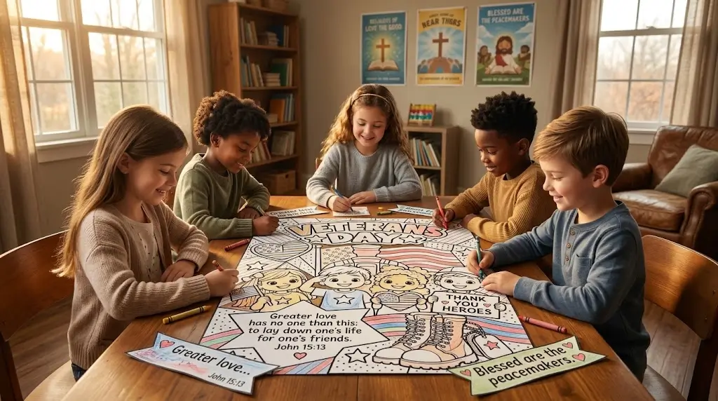 Sunday school students working on a faith-based Veterans Day Collaborative Poster and prayer wall
