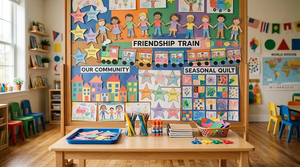 Bright elementary classroom bulletin board decorated with student collaborative crafts and printable banners