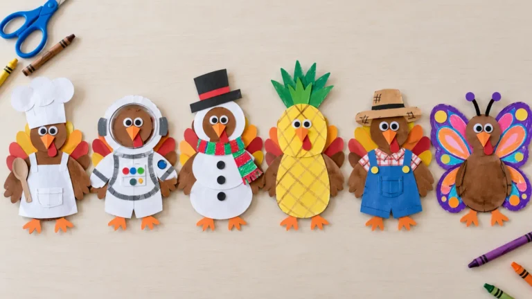 Six paper turkey disguise ideas featuring a chef, astronaut, snowman, pineapple, farmer, and butterfly on a light table.