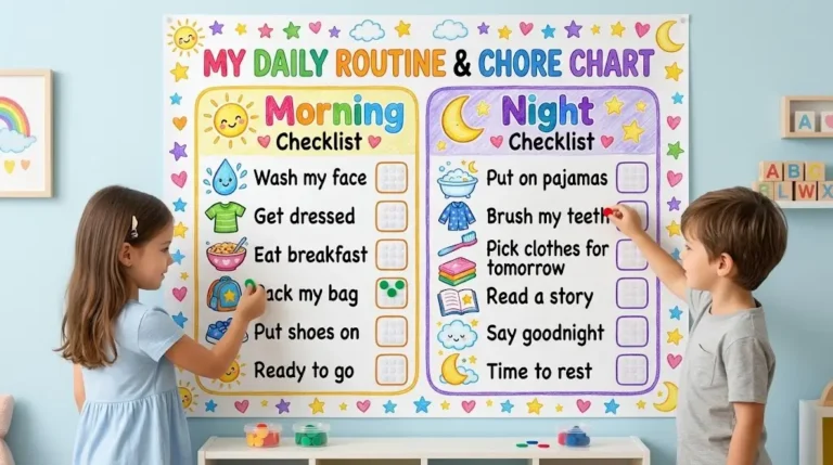 A complete Daily Routine Chart for Preschoolers system, including morning, bedtime, and chore tracking, as seen in image_1.png.