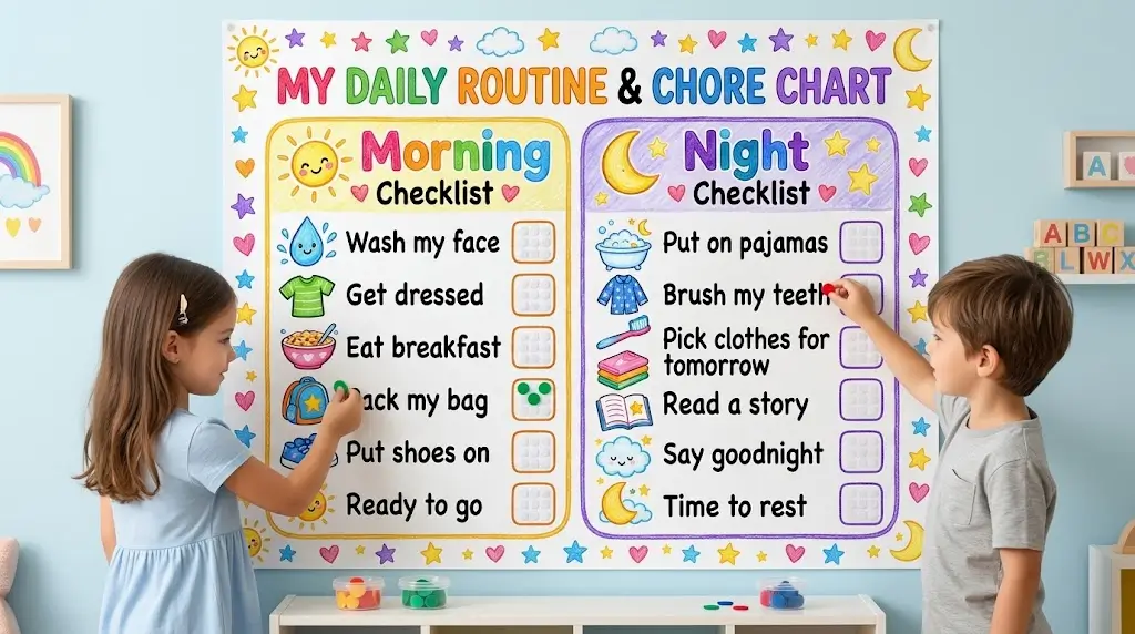 A complete Daily Routine Chart for Preschoolers system, including morning, bedtime, and chore tracking, as seen in image_1.png.