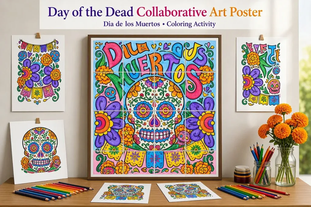 Day of the Dead Collaborative Poster coloring activity displayed on a classroom bulletin board.