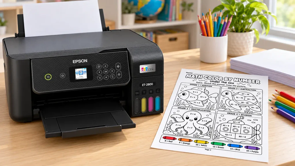 Epson EcoTank ET-2800 printer beside ocean-themed math color by number worksheets and colored pencils on a wooden desk.