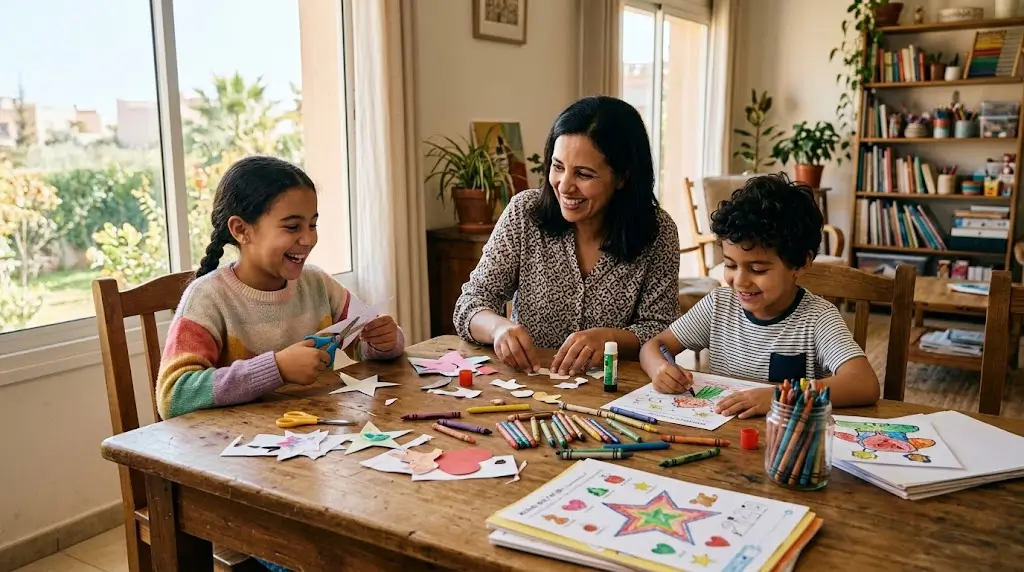Family and teacher working together on hands-on printable activities at a study table