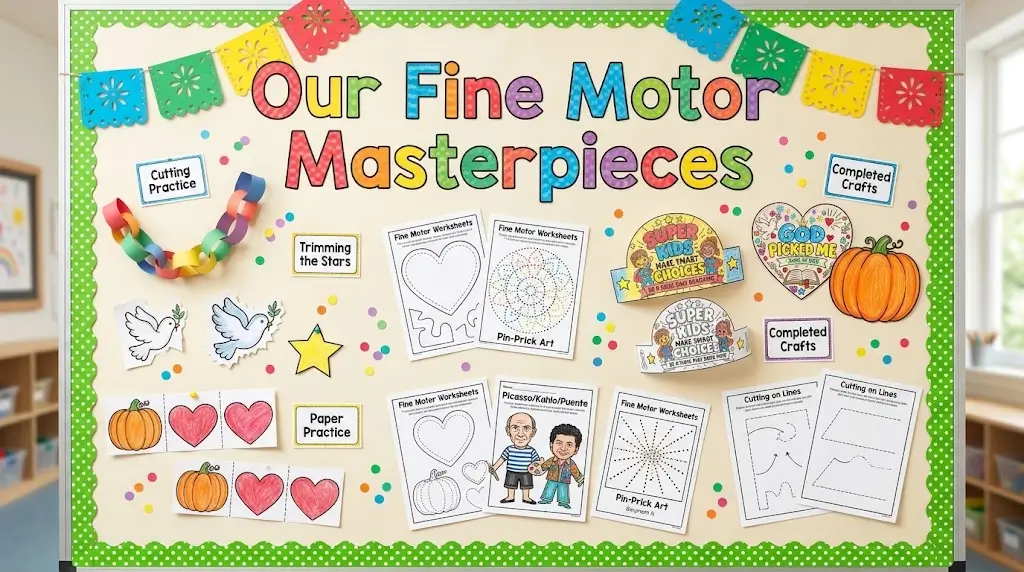Classroom bulletin board featuring student craft projects made from fine motor skills worksheets.